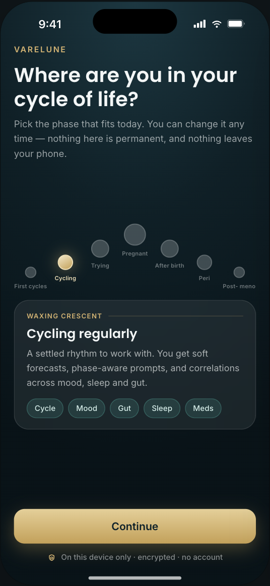 Varelune life-stage onboarding screen