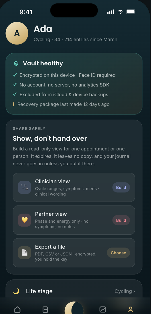 Varelune profile screen with privacy and sharing controls